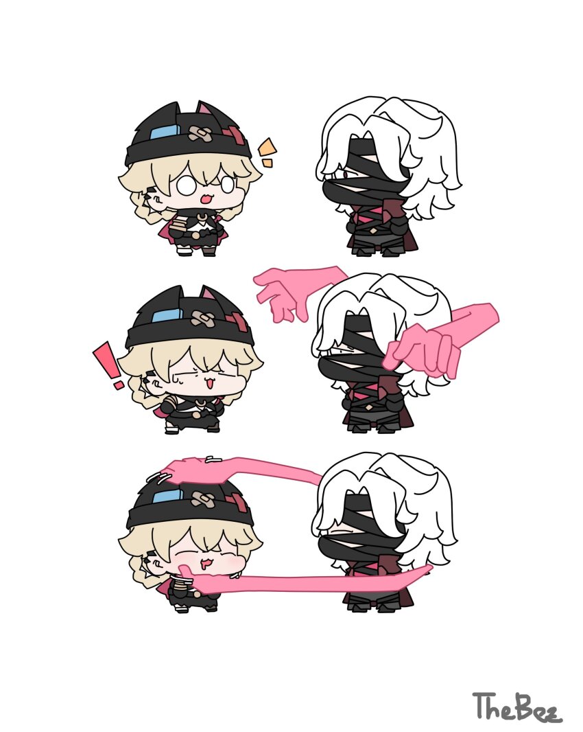 ! 1boy 1girl absurdres animal_ear_headwear arms_at_sides asymmetrical_legwear bandage_over_one_eye bandaged_chest bandeau beanie bezthebez8 black_bandages black_bandeau black_collar black_gloves black_hat black_pants black_shorts blank_eyes blonde_hair blush braid braided_hair_rings chin_rub closed_eyes collar curtained_hair drooling ear_piercing extra_arms facing_another fake_animal_ears genshin_impact gloves hair_intakes hair_rings hat headpat highres jahoda_(genshin_impact) looking_at_another mismatched_legwear mouth_drool nervous_sweating notice_lines open_mouth pants piercing red_eyes rerir_(genshin_impact) sanpaku sequential shorts standing sweat white_hair