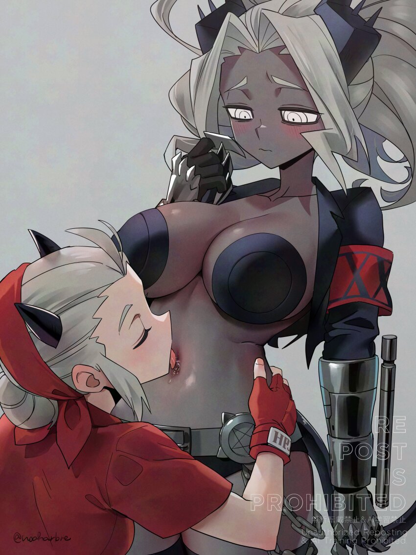 2girls absurdres bandana black_horns black_tail blush breasts chain clawed_gauntlets cleavage closed_eyes colored_skin commentary commission dark-skinned_female dark_skin demon_girl demon_horns demon_tail english_commentary english_text fingerless_gloves gloves grey_skin hands_on_another&#039;s_hips helltaker highres horns jacket judgement_(helltaker) justice_(helltaker) large_breasts leather_bikini licking licking_navel looking_at_another looking_down metal_gloves multiple_girls navel noah_(tettsui-sole) red_bandana red_gloves red_shirt saliva shirt short_sleeves skeb_commission spiked_horns tail tongue tongue_out twitter_username watermark white_eyes white_hair yuri