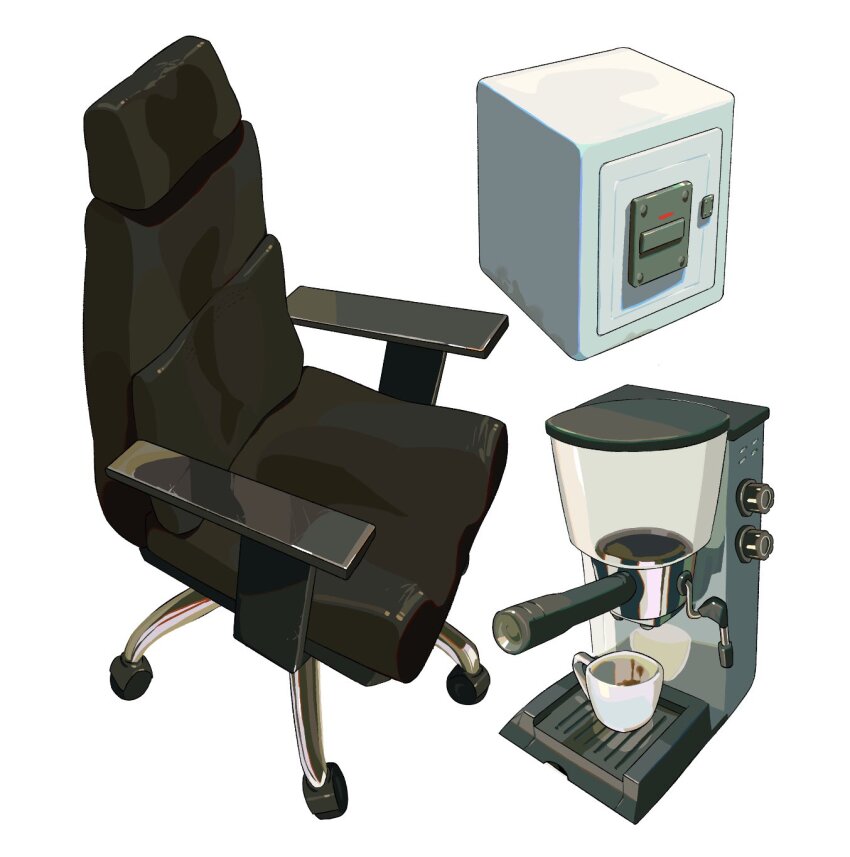chair coffee_maker cup espresso_machine highres mgong520 mug no_humans object_focus office_chair original safe_(container) simple_background swivel_chair white_background