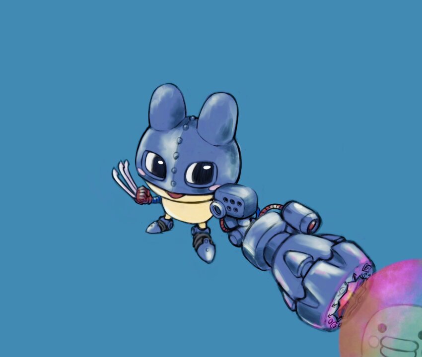 arm_cannon armored_boots bandai blue_background blush blush_stickers boots claws cosplay crossover cyborg digimon energy_ball energy_cannon helmet highres kuchipatchi mametchi mas_square metalmamemon metalmamemon_(cosplay) open_mouth pose_imitation smile tamagotchi tamagotchi_(creature) weapon