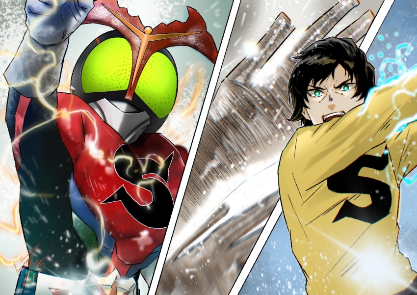 1boy arm_up armor beetle_horn belt black_bodysuit black_hair blue_armor bodysuit bright_pupils commentary_request compound_eyes dual_persona electrer gloves green_armor helmet henshin henshin_pose jo_shigeru kamen_rider kamen_rider_stronger kamen_rider_stronger_(series) kouta_decade looking_ahead male_focus multicolored_armor open_mouth red_armor rider_belt shirt short_hair solo tokusatsu upper_body white_belt white_gloves white_pupils yellow_shirt