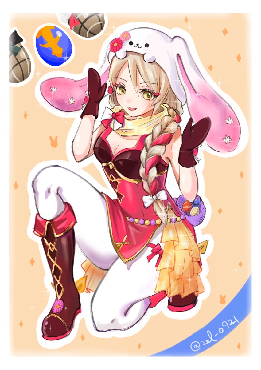 1girl :d absurdres animal_ears animal_hood blonde_hair braid breasts cleavage easter_egg egg fake_animal_ears fire_emblem fire_emblem_engage fire_emblem_heroes framme_(fire_emblem) framme_(spring)_(fire_emblem) full_body gloves highres hood long_hair nintendo on_one_knee open_mouth pantyhose rabbit_ears rabbit_hood rabbit_pose single_braid smile solo twitter_username white_pantyhose yellow_eyes zel_0921