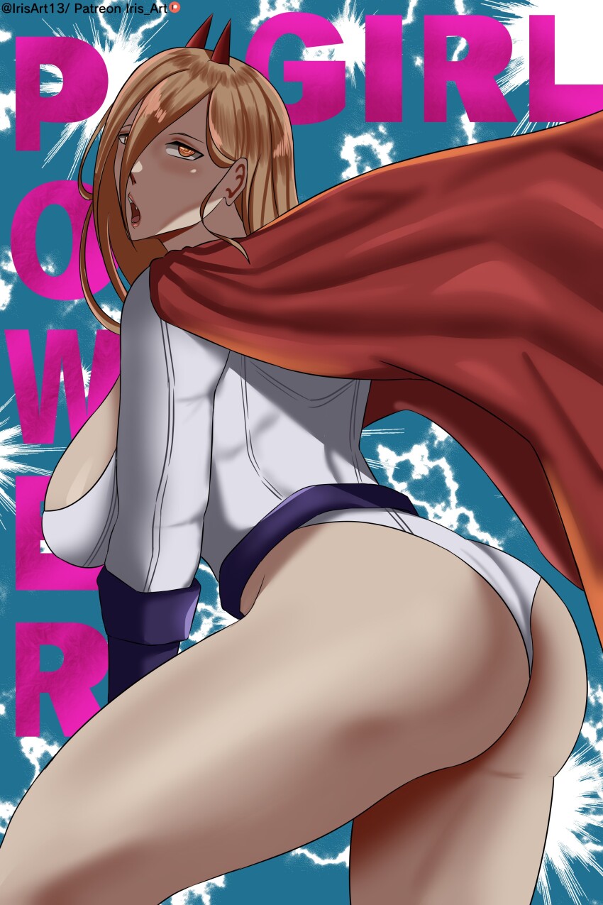 1girl absurdres ass back blonde_hair breasts chainsaw_man cosplay dc_comics highres horns iris_art large_breasts lipstick long_hair makeup open_mouth power_(chainsaw_man) power_girl power_girl_(cosplay) tagme