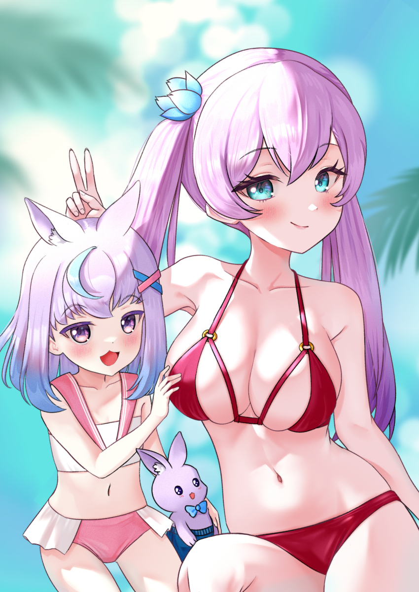 1other 2girls absurdres aqua_eyes ar-khey arm_at_side arm_up bikini blurry blurry_background blush breasts child closed_mouth collarbone cowboy_shot dot_nose eyebrows eyelashes feet_out_of_frame flat_chest flower flower_on_head hand_on_another&#039;s_head hand_up highres hyogayome_(vtuber) indie_virtual_youtuber kangaroo kangaroo_ears kangaroo_girl kyria_(vtuber) large_breasts lips long_hair looking_at_viewer matching_hair/eyes medium_hair multicolored_bikini multiple_girls open_mouth outdoors pink_bikini pink_hair purple_eyes purple_hair red_bikini sitting size_difference smile standing swimsuit twintails two-tone_bikini v virtual_youtuber white_bikini