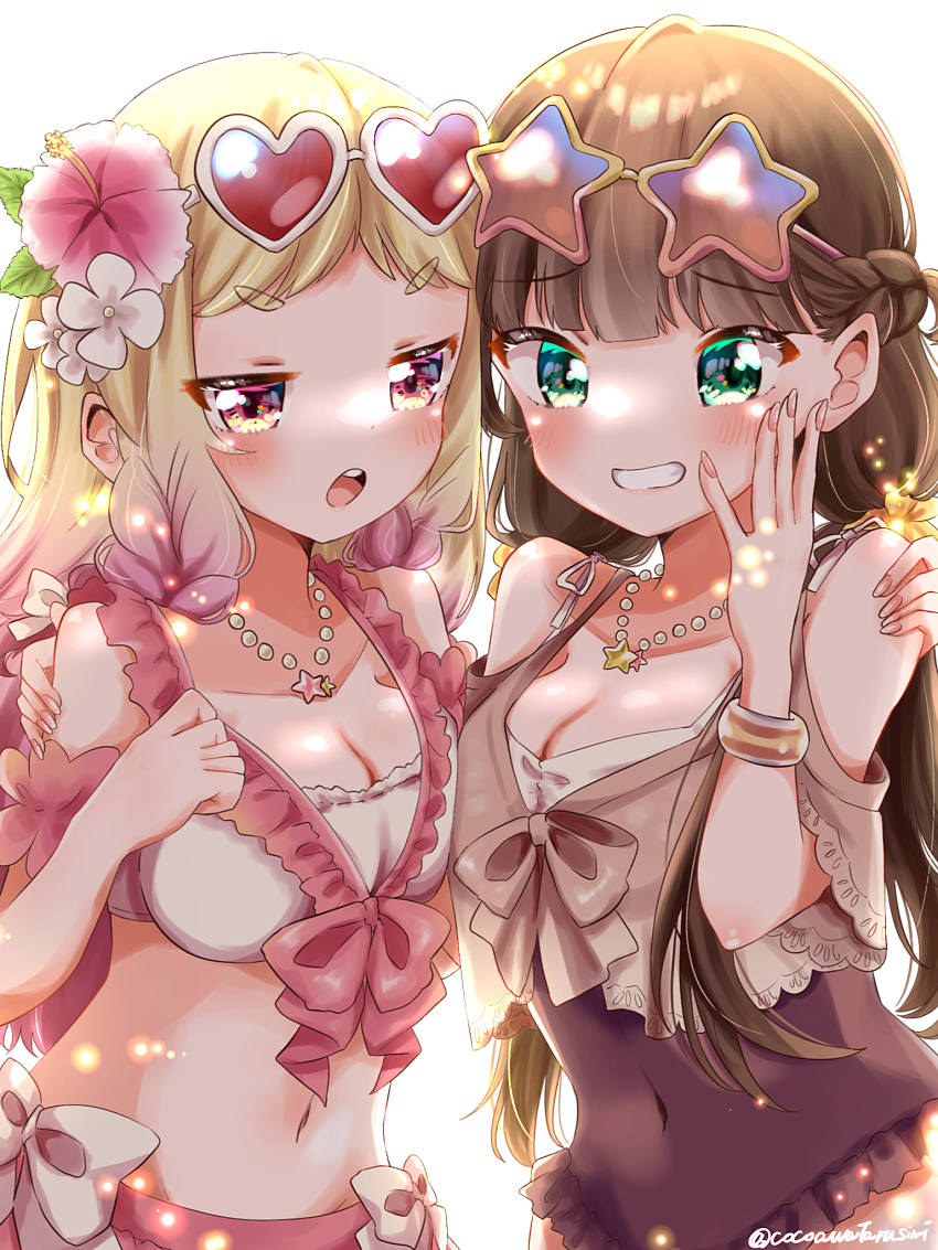 2girls :o bead_necklace beads bikini black_one-piece_swimsuit blonde_hair blunt_bangs blush braid breasts brown_hair cleavage collarbone commentary_request covered_navel eyewear_on_head flower frilled_bikini frills fukune_koko gradient-framed_eyewear gradient_hair green_eyes grin hair_flower hair_ornament half_up_braid heart heart-shaped_eyewear highres jewelry large_breasts long_hair looking_at_viewer love_live! love_live!_days:_love_live!_general_magazine love_live!_superstar!! low_twin_braids low_twintails multicolored_hair multiple_girls navel necklace official_alternate_costume one-piece_swimsuit onitsuka_natsumi open_mouth pink-framed_eyewear pink_eyes pink_flower pink_hair red-tinted_eyewear sakurakoji_kinako short_eyebrows simple_background smile star-shaped_eyewear star_(symbol) star_necklace sunglasses swimsuit thick_eyebrows tinted_eyewear twin_braids twintails upper_body v-shaped_eyebrows white-framed_eyewear white_background white_bikini white_flower yellow-framed_eyewear