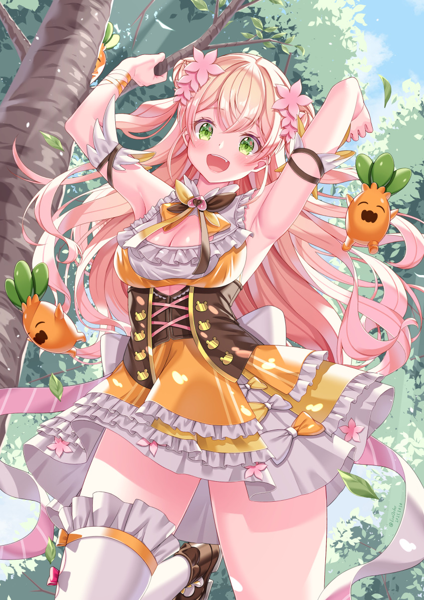1girl :d absurdres arm_garter armpits arms_up bell blonde_hair blush bow bowtie breasts brown_bow brown_bowtie cleavage cleavage_cutout clothing_cutout commentary_request corset crossed_bangs cutout_above_navel dated day double_bun dress esuorder fang flower frilled_shirt frilled_thighhighs frills gradient_hair green_eyes hair_bun hair_flower hair_ornament highres hololive jingle_bell large_breasts long_hair looking_at_viewer momosuzu_nene momosuzu_nene_(1st_costume) multicolored_bow multicolored_bowtie multicolored_hair nekko_(momosuzu_nene) open_mouth orange_bow orange_bowtie orange_shirt orange_skirt outdoors peach_ornament pink_flower pink_hair shirt sidelocks single_thighhigh skirt skirt_set sleeveless sleeveless_shirt smile solo teeth thighhighs tree two_side_up underbust upper_teeth_only virtual_youtuber white_thighhighs yellow_bow yellow_bowtie