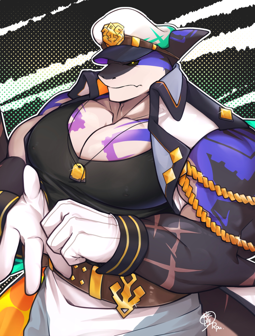 1boy artist_name bara black_sclera black_shirt capt._locke_(xxl) chinese_commentary closed_mouth coat colored_sclera commentary_request cross_scar dog_tags dorsal_fin fins fish_tail furry furry_male gloves hat highres jewelry male_focus multiple_scars muscular muscular_male necklace pectorals sailor_hat saund_r_pu scar scar_on_arm scar_on_tail shark_boy shark_fin shark_tail shirt signature sleeveless sleeveless_coat sleeveless_shirt tail white_gloves xxl_woofia yellow_eyes