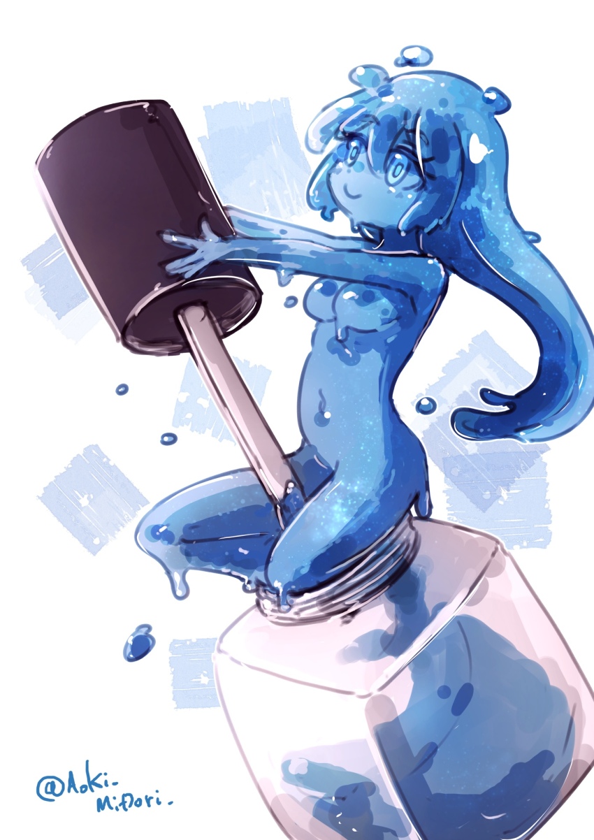 1girl aoki_midori_(artist) blue_eyes blue_hair blue_skin colored_skin cosmetics glass_container highres monster_girl nail_polish nail_polish_bottle nail_polish_brush nude original slime_girl