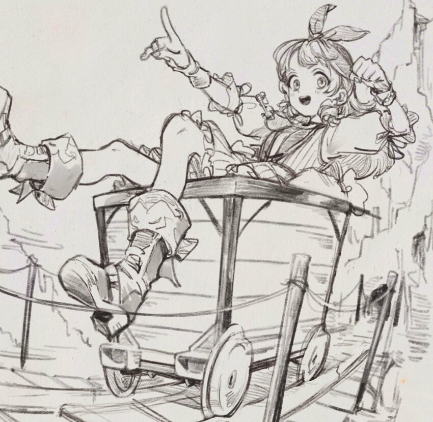 1girl bandana blush boots character_request commentary_request copyright_request dress full_body greyscale hair_over_shoulder high_heel_boots high_heels highres imay3927 long_hair looking_at_viewer minecart monochrome mountain open_mouth outdoors outstretched_arm pinafore_dress pointing pointing_forward puffy_short_sleeves puffy_sleeves railroad_tracks riding ringlets rope_fence shirt short_sleeves sleeveless sleeveless_dress smile solo v-shaped_eyebrows