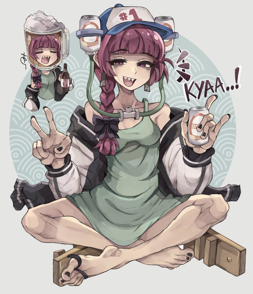 1girl ando606mph beer_can bocchi_the_rock! braid breasts can dress drink_can fangs feet full_body green_dress grey_background hat highres hiroi_kikuri jacket medium_breasts nails open_mouth red_hair sandals smile spongebob_squarepants_(series) teeth upper_teeth_only v yoga yoga_pose