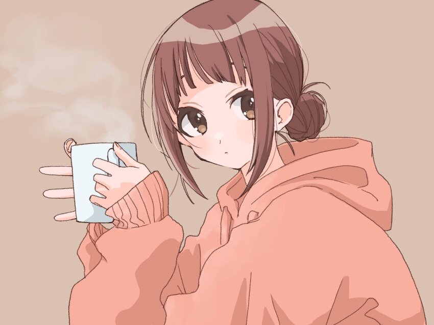 1girl alternate_hairstyle arched_bangs brown_background brown_eyes brown_hair closed_mouth cup dot_nose from_side hair_bun highres holding holding_cup hood hoodie htnmanpp idolmaster idolmaster_million_live! idolmaster_million_live!_theater_days light_blush looking_at_viewer looking_to_the_side matsuda_arisa mug pink_hood pink_hoodie sidelocks simple_background single_hair_bun sleeves_past_wrists solo steam upper_body