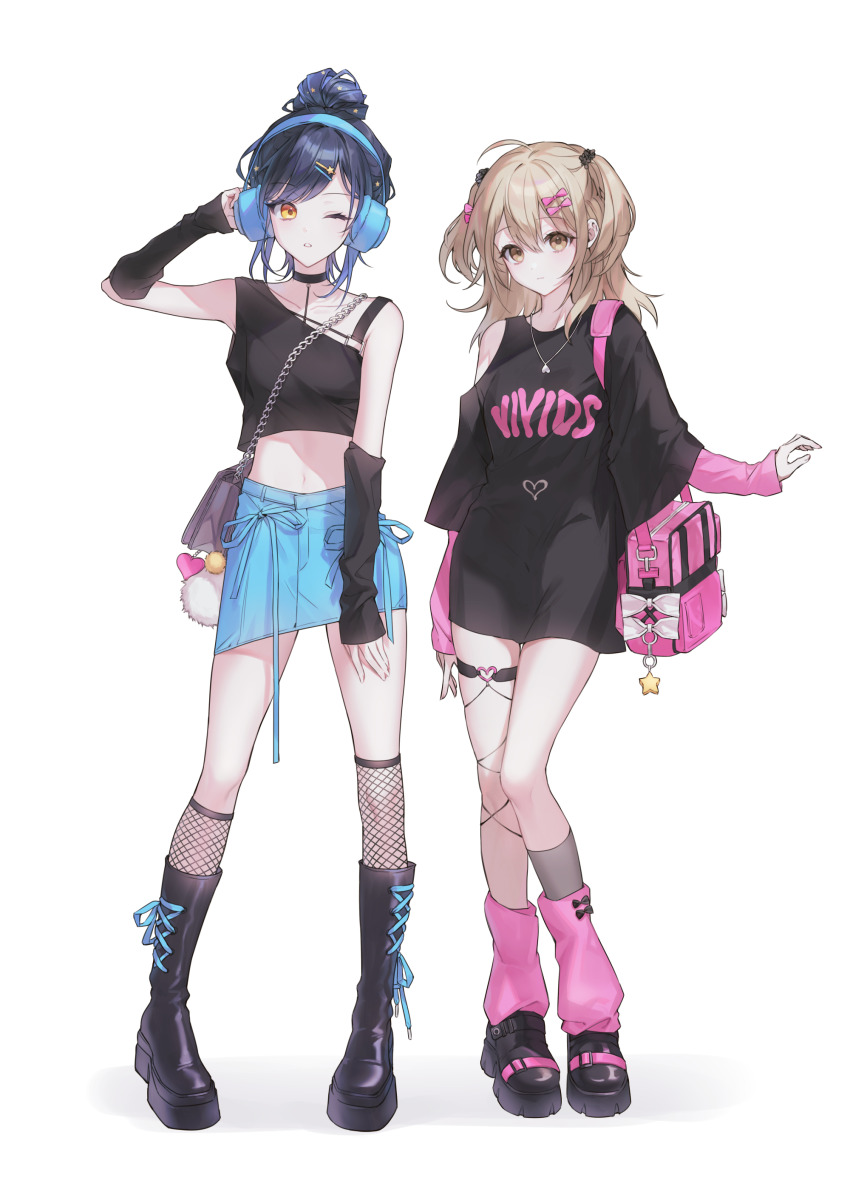 2girls absurdres arm_warmers asymmetrical_legwear azusawa_kohane bag black_choker black_hair black_shirt blonde_hair blue_hair blue_skirt boots bow brown_eyes choker crop_top denim denim_skirt detached_sleeves domyo fishnet_socks fishnet_thighhighs fishnets full_body hair_bow hair_bun hair_ornament hairclip handbag headphones heart highres jewelry kneehighs leg_warmers long_hair long_sleeves looking_at_viewer loose_socks midriff miniskirt multiple_girls navel necklace one_eye_closed orange_eyes pink_socks project_sekai shiraishi_an shirt shoulder_bag simple_background single_hair_bun skirt socks standing thigh_strap thighhighs twintails two_side_up white_background yellow_eyes