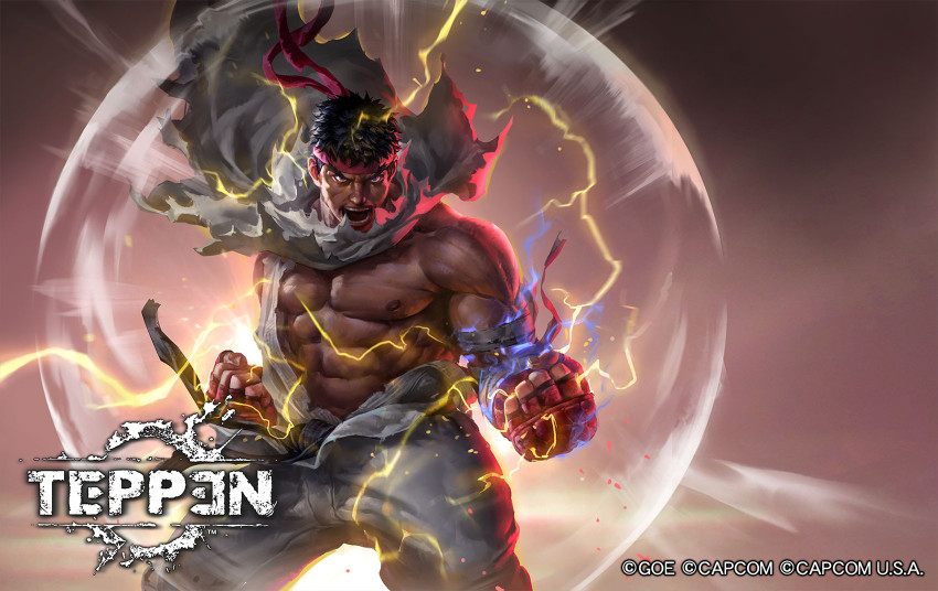 1boy abs aura baggy_pants bara bare_pectorals bare_shoulders biceps commentary dougi electricity energy energy_barrier energy_field english_commentary eyebrows_visible_through_headband feet_out_of_frame fighting_stance fingerless_gloves forked_eyebrows frown gloves glowing glowing_fist glowing_hand headband highres jeremy_chong large_pectorals lightning looking_at_viewer male_focus mature_male mma_gloves muscular muscular_male nipples official_art pants pectorals ryu_(street_fighter) shirt short_hair solo stomach street_fighter teppen thick_eyebrows torn_clothes torn_pants torn_shirt white_pants wind