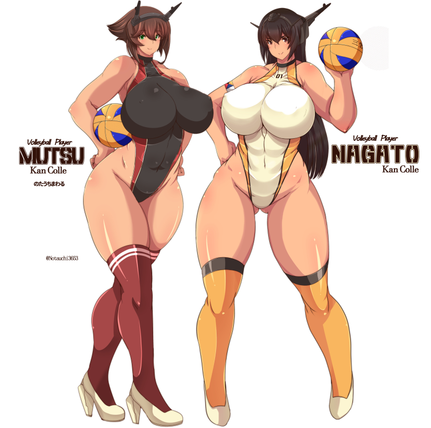 2girls absurdres ball black_hair breasts brown_hair gluteal_fold green_eyes high_heels highres huge_breasts kantai_collection leotard long_hair multiple_girls mutsu_(kancolle) nagato_(kancolle) notauchi_mawaru_ni-shiki red_eyes red_legwear short_hair sidelocks thick_thighs thighhighs thighs wide_hips yellow_legwear