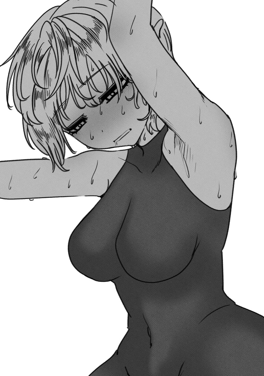 1girl armpits arms_up blush bodysuit breasts commentary_request covered_navel greyscale highres medium_breasts mizuhashi_parsee monochrome open_mouth pointy_ears saliva short_hair simple_background sleeveless sleeveless_bodysuit solo sweat touhou upper_body yokozuna_iwashi