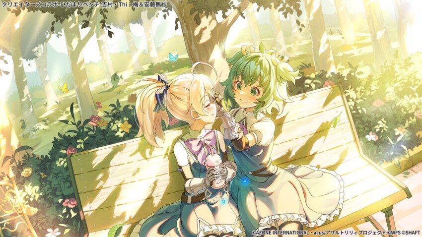 2girls adjusting_another&#039;s_hair ahoge ando_tazusa antenna_hair artist_request assault_lily bench black_ribbon black_thighhighs blonde_hair blue_butterfly blue_dress blush bow bowtie bug bush butterfly closed_mouth commentary_request copyright_notice cowboy_shot cup day disposable_cup dress drinking_straw dutch_angle facing_another falling_leaves flower frilled_dress frills gauntlets green_eyes green_hair hair_ribbon hands_up holding holding_cup insect leaf looking_at_another multiple_girls official_alternate_costume official_art on_bench outdoors park park_bench pink_flower ponytail profile purple_bow purple_bowtie ribbon short_hair short_sleeves side-by-side sitting smile striped_ribbon sunlight thighhighs tree tree_shade two-tone_dress two_side_up white_dress yellow_butterfly yellow_flower yellow_ribbon yoshimura_thi_mai