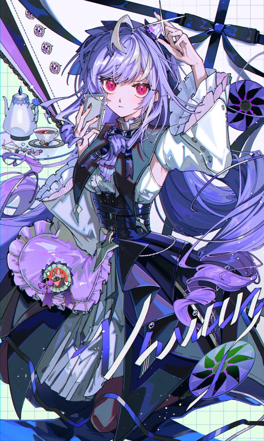 1girl ascot black_nails black_ribbon black_skirt bow bowtie breast_curtains card center_frills closed_mouth cup endo_(takolegs) eous_(zenless_zone_zero) frills gem grid_background highres holding holding_card holding_jewelry jewelry mole mole_under_eye pleated_skirt pointy_ears purple_ascot purple_bow purple_bowtie purple_gemstone purple_hair red_eyes ribbon saucer shrug_(clothing) sideboob_cutout skirt solo tea tea_set teacup teapot vivian_banshee white_shrug white_skirt zenless_zone_zero