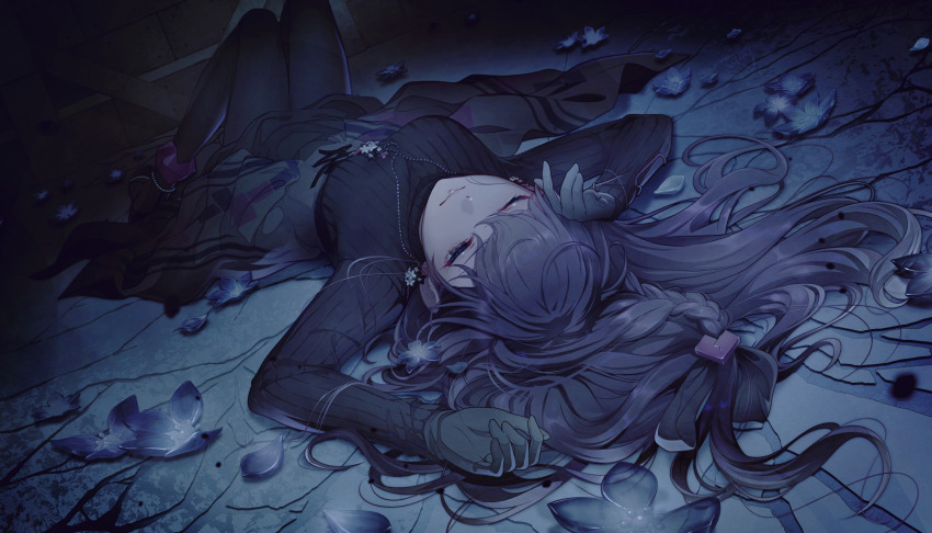 1girl arms_up asahina_mafuyu bead_necklace beads black_pantyhose black_sweater braid breasts colorful_palette expressionless flower flower_necklace gloves grey_gloves grey_skirt highres jewelry lying medium_breasts necklace official_alternate_costume official_alternate_hairstyle official_art on_back one_eye_closed pantyhose petals project_sekai purple_eyes purple_hair ribbed_sweater skirt solo sweater third-party_source
