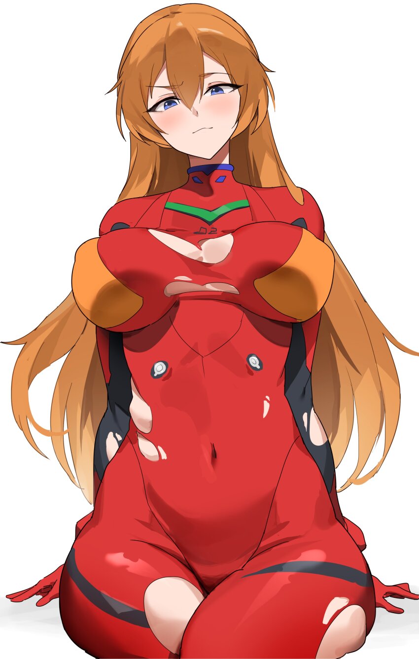 1girl absurdres alternate_breast_size_(larger) alternate_hair_length alternate_hairstyle blue_eyes blush bodysuit breasts brown_hair cowboy_shot curvy evangelion:_3.0+1.0_thrice_upon_a_time hair_between_eyes hair_down hands_in_own_hair highres interface_headset_(evangelion) large_breasts long_hair mecha_pilot_suit neon_genesis_evangelion open_mouth plugsuit_(evangelion) rebuild_of_evangelion red_bodysuit shiny_clothes simple_background sitting smile solo souryuu_asuka_langley t-lex torn_bodysuit torn_clothes white_background wide_hips