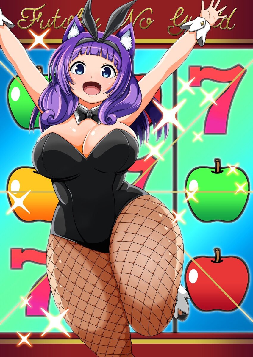 1girl 777 animal_ears arms_up black_leotard black_ribbon blue_eyes blunt_bangs breasts cleavage cowboy_shot dog_girl fang fishnet_pantyhose fishnets futoku_no_guild hair_ribbon highleg highleg_leotard highres hitamu_kyan large_breasts leotard long_hair looking_at_viewer magyo open_mouth pantyhose playboy_bunny raccoon_ears ribbon slot_machine smile solo standing thighs wrist_cuffs