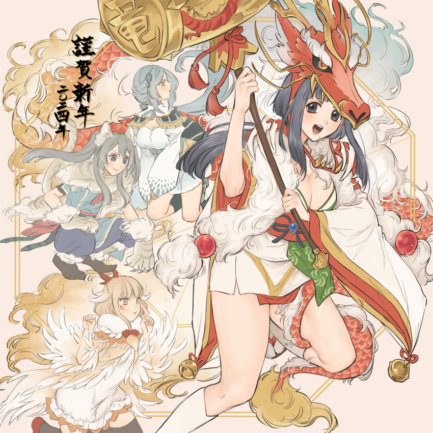 4girls animal_hands blue_hair blunt_bangs breasts chicken_costume cleavage commentary_request dragon_hat dress feathers floating_hair full_body gloves hands_up highres hiroe_chiharu hiroe_chiharu_(bird_costume) holding holding_mallet japanese_clothes kimono kimono_dress large_breasts long_hair long_sleeves looking_at_viewer magia_record:_mahou_shoujo_madoka_magica_gaiden magical_girl mahou_shoujo_madoka_magica mallet multiple_girls new_year official_alternate_costume open_mouth paw_gloves profile purple_eyes red_sash red_tail sash sidelocks smile socks squatting standing standing_on_one_leg tail_around_own_leg tatsuki_asuka tatsuki_asuka_(new_year&#039;s_dragon_god_ver.) toki_sunao toki_sunao_(turtle_costume) tokime_shizuka tokime_shizuka_(tiger_costume) translation_request turtle_costume white_dress white_socks wide_sleeves yukishiro_(hitsuji)
