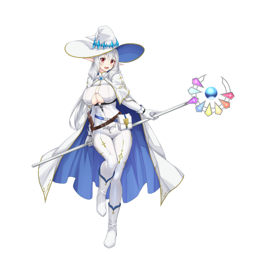 1852489 1girl :d absurdres belt belt_pouch bodysuit boots breasts cape capelet elf full_body gloves grey_hair hat highres holding holding_staff impossible_bodysuit impossible_clothes large_breasts long_hair looking_at_viewer open_mouth original pointy_ears pouch red_eyes skin_tight smile solo staff very_long_hair white_background white_bodysuit white_boots white_cape white_capelet white_gloves wizard wizard_hat