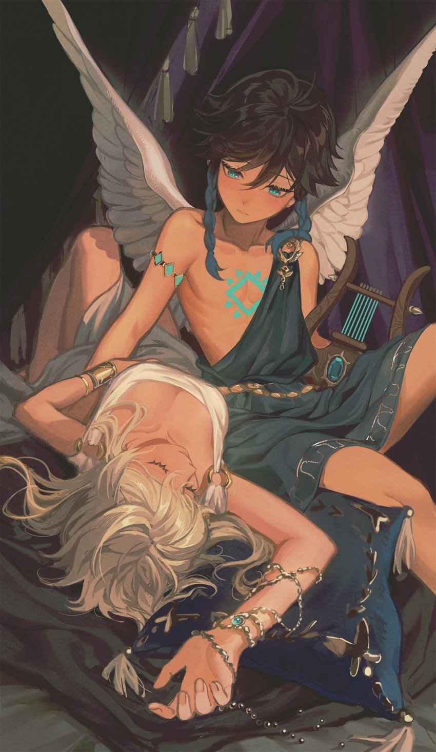 1boy 1girl absurdres alternate_costume ancient_greek_clothes angel_wings armlet bracer chest_tattoo closed_eyes closed_mouth feathered_wings fridaynightcat genshin_impact greco-roman_clothes highres holding holding_instrument instrument jewelry looking_at_another lumine_(genshin_impact) lying lyra_(instrument) on_back peplos sitting tattoo venti_(archon)_(genshin_impact) venti_(genshin_impact) white_wings wings