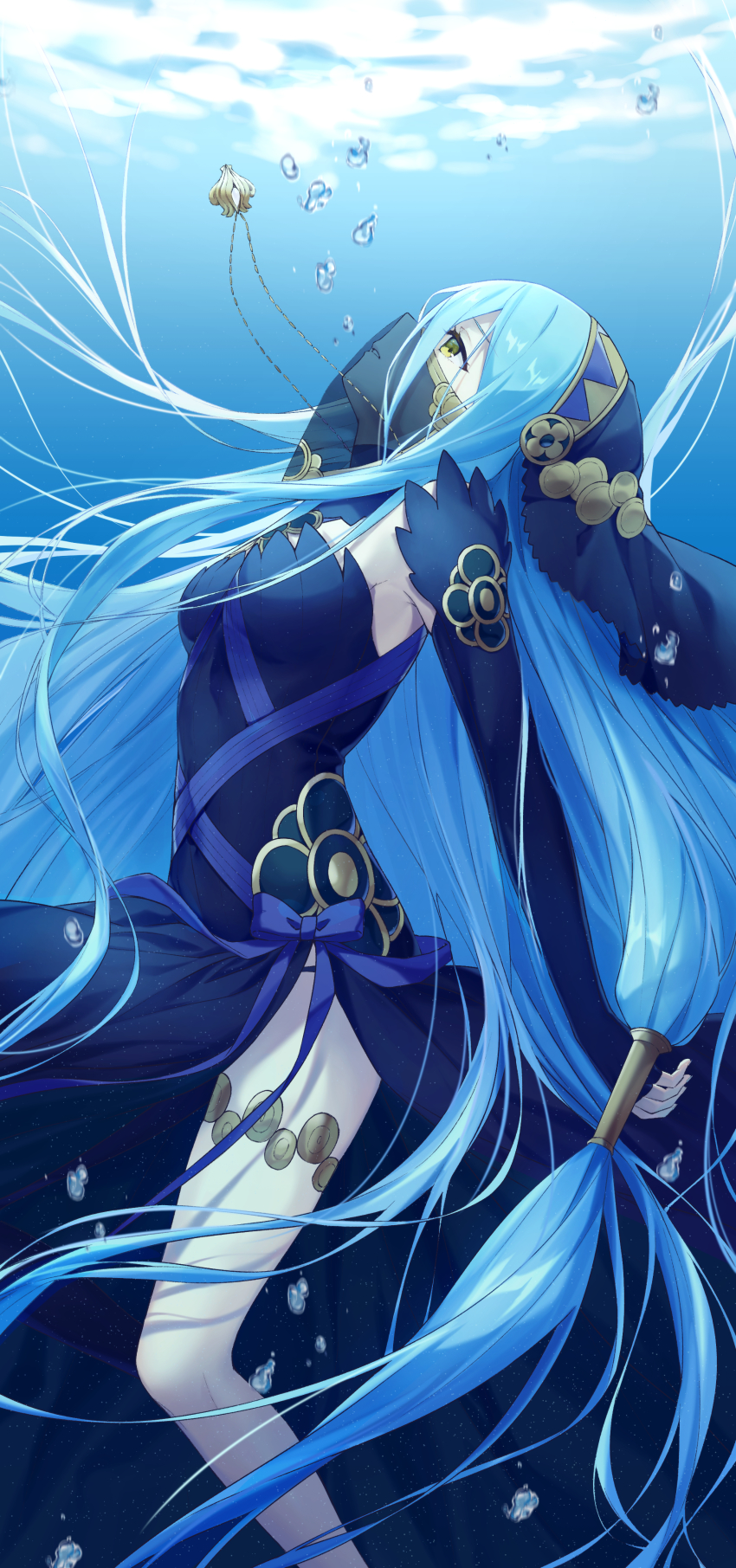 1girl absurdres air_bubble azura_(fire_emblem) azura_(lady_of_ballads)_(fire_emblem) bare_legs black_dress blue_hair blue_ribbon breasts bubble commentary_request dress feet_out_of_frame female_focus fire_emblem fire_emblem_fates from_side hair_between_eyes highres jewelry long_hair looking_up low-tied_long_hair medium_breasts nintendo parted_lips pendant poppy_(poppykakaka) profile ribbon solo thighs underwater veil very_long_hair yellow_eyes