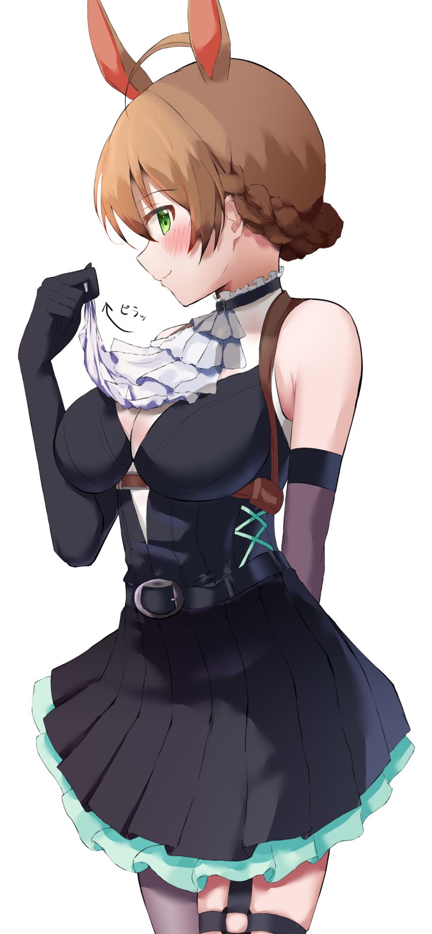1girl absurdres ashinagi_(bijutu1) black_legwear blush breasts brown_hair green_eyes highres idolmaster idolmaster_million_live! large_breasts sakuramori_kaori skirt