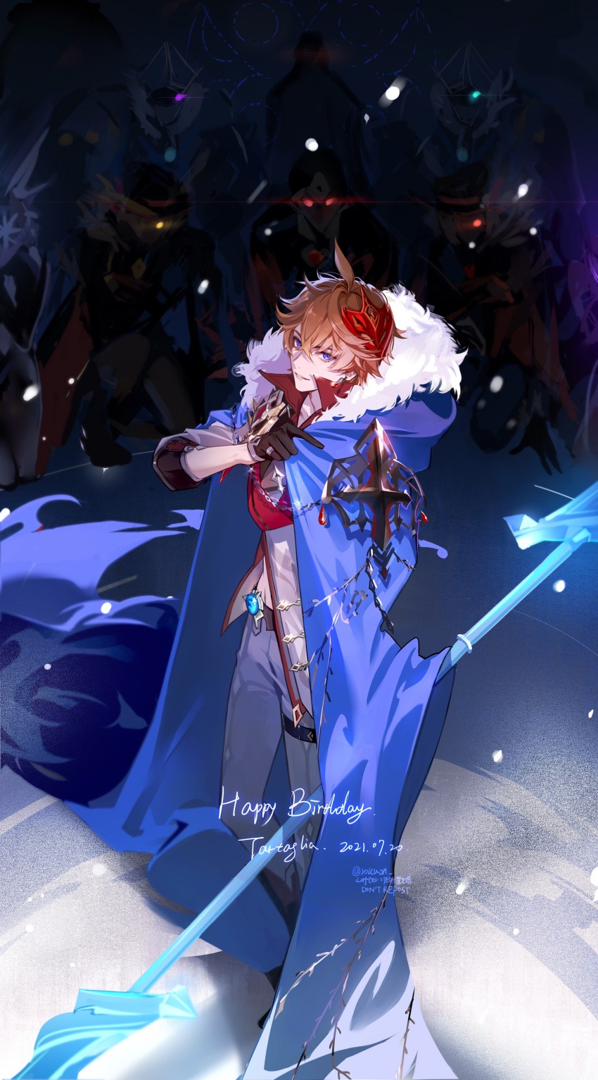 6+boys absurdres ahoge anemoboxer_vanguard_(genshin_impact) artist_name black_gloves blue_coat blue_eyes character_name chinese_commentary coat coat_on_shoulders collared_shirt commentary_request cosplay crossed_bangs dated earrings electrohammer_vanguard_(genshin_impact) fatui_pyro_agent_(genshin_impact) full_body fur-trimmed_coat fur_trim genshin_impact geochanter_bracer_(genshin_impact) gloves glowing glowing_eye glowing_eyes grey_jacket grey_pants hair_between_eyes half_gloves hand_up happy_birthday high_collar highres holding holding_polearm holding_weapon jacket jewelry looking_at_viewer male_focus mask mask_on_head multiple_boys open_clothes open_coat orange_hair pants parted_lips polearm pyroslinger_bracer_(genshin_impact) red_mask red_shirt rokuon shirt short_hair sleeves_rolled_up smile solo_focus standing tartaglia_(genshin_impact) thigh_strap twitter_username vision_(genshin_impact) watermark weapon