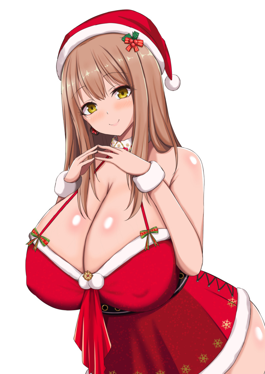 1girl absurdres blush breasts brown_hair christmas cleavage dress emma_(color_me_red)_(nikke) emma_(nikke) fur_trim goddess_of_victory:_nikke hat highres huge_breasts long_hair looking_at_viewer official_alternate_costume red_dress ribbon santa_costume santa_hat shinonome_kon_(sino_kon) smile solo thighhighs thighs