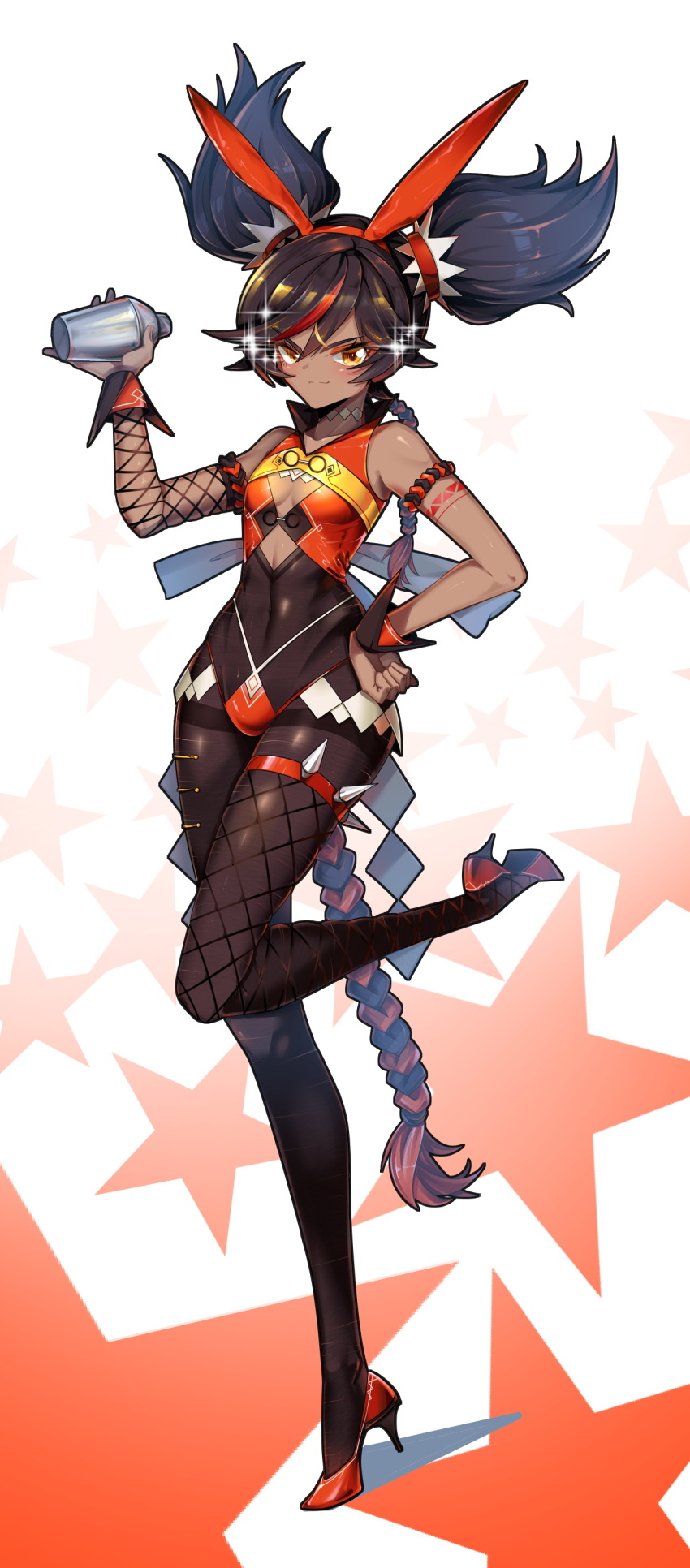 1girl absurdres alternate_costume animal_ears bare_shoulders black_hair blush braid breasts brown_hair corset curly_hair dark-skinned_female dark_skin fake_animal_ears fishnet_sleeves fishnets full_body genshin_impact gradient_background gradient_hair hand_on_own_hip high_heels highres jo-ker_(578569602) leotard looking_at_viewer multicolored_hair one_leg_raised playboy_bunny rabbit_ears shaker small_breasts smile star_(symbol) thighhighs twintails white_background xinyan_(genshin_impact) yellow_eyes