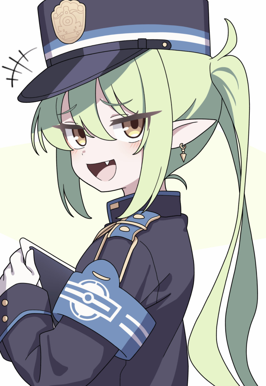 1girl absurdres armband black_hat black_jacket blue_archive blue_armband commentary earrings fang gloves green_hair hat highres holding holding_tablet_pc jacket jewelry jitome long_hair long_sleeves looking_at_viewer notice_lines nozomi_(blue_archive) open_mouth pointy_ears sidelocks simple_background skin_fang smile smug solo tablet_pc twintails upper_body vector_(dmlddmld00) white_gloves yellow_eyes
