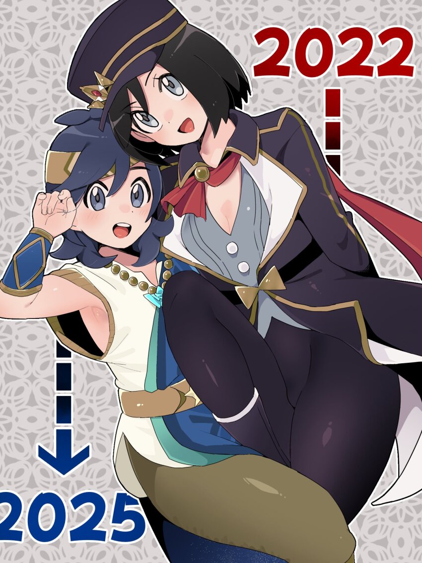 2boys :d arrow_(symbol) black_hair black_hat calem_(champion)_(pokemon) calem_(pokemon) coat commentary_request elio_(champion)_(pokemon) elio_(pokemon) grey_eyes grey_shirt happy hat head_tilt highres jewelry male_focus multiple_boys necklace nintendo official_alternate_costume open_mouth pants pokemon pokemon_masters_ex sana_(37pisana) shirt short_hair smile tongue wristband