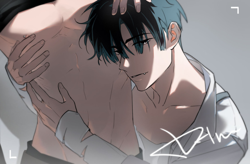2boys abs alien_stage black_eyes black_hair black_pants black_shirt collarbone fang hand_on_another&#039;s_chest hand_on_another&#039;s_head hand_on_another&#039;s_waist highres ivan_(alien_stage) jacket jianghuo long_sleeves looking_at_viewer male_focus multiple_boys muscular muscular_male nipples pants pectorals shirt shirt_rolled_up short_hair smile till_(alien_stage) white_jacket white_shirt yaoi