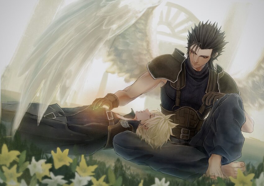 2boys absurdres angel_wings arch armor barefoot belt black_hair blonde_hair blue_eyes brown_belt brown_gloves closed_eyes cloud_strife crossed_legs dutch_angle easter_lily feathered_wings final_fantasy final_fantasy_vii final_fantasy_vii_advent_children flower flower_bed furrowed_brow gloves hair_slicked_back hand_on_another&#039;s_chest hashtag-only_commentary highres knee_up lap_pillow light_smile long_hair long_sleeves looking_at_another looking_down male_focus messa_mo multiple_belts multiple_boys parted_lips pauldrons shoulder_armor sitting spiked_hair suspenders waist_cape white_flower white_wings wings yellow_flower zack_fair