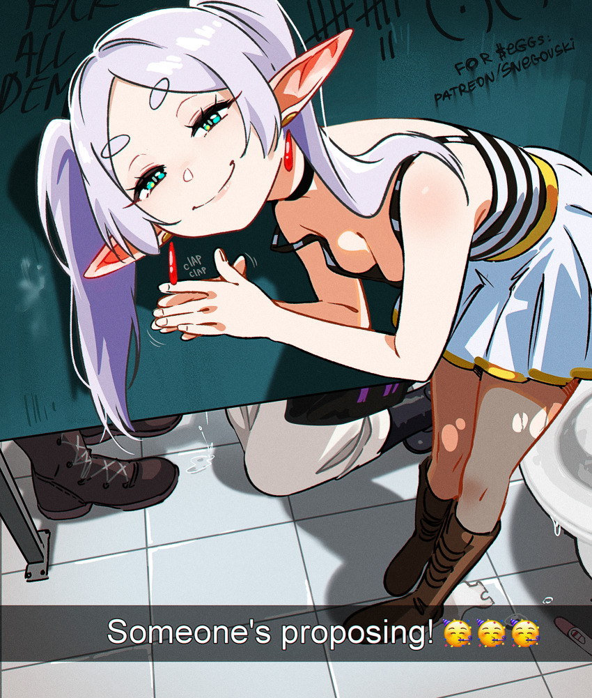 2girls black_boots black_camisole black_choker boots breasts brown_boots camisole choker clapping closed_mouth commentary cum earrings elf english_commentary english_text fern_(sousou_no_frieren) frieren half-closed_eyes highres implied_fellatio indoors jewelry kneeling leaning_forward long_hair looking_at_viewer motion_lines multiple_girls own_hands_together parted_bangs patreon_username pleated_skirt pointy_ears pregnancy_test public_restroom purple_hair skirt small_breasts smirk snegovski sousou_no_frieren standing strap_slip tally thick_eyebrows tile_floor tiles toilet toilet_paper toilet_stall twintails two-tone_camisole very_long_hair white_camisole white_skirt