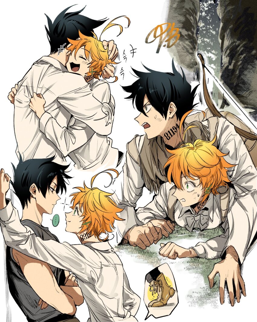 1boy 1girl black_hair bow_(weapon) collared_shirt emma_(yakusoku_no_neverland) eye_contact grey_shirt highres hug looking_at_another lying_on_person m_m_pb neck_tattoo number_tattoo orange_hair ray_(yakusoku_no_neverland) shirt sweatdrop tattoo weapon white_shirt yakusoku_no_neverland