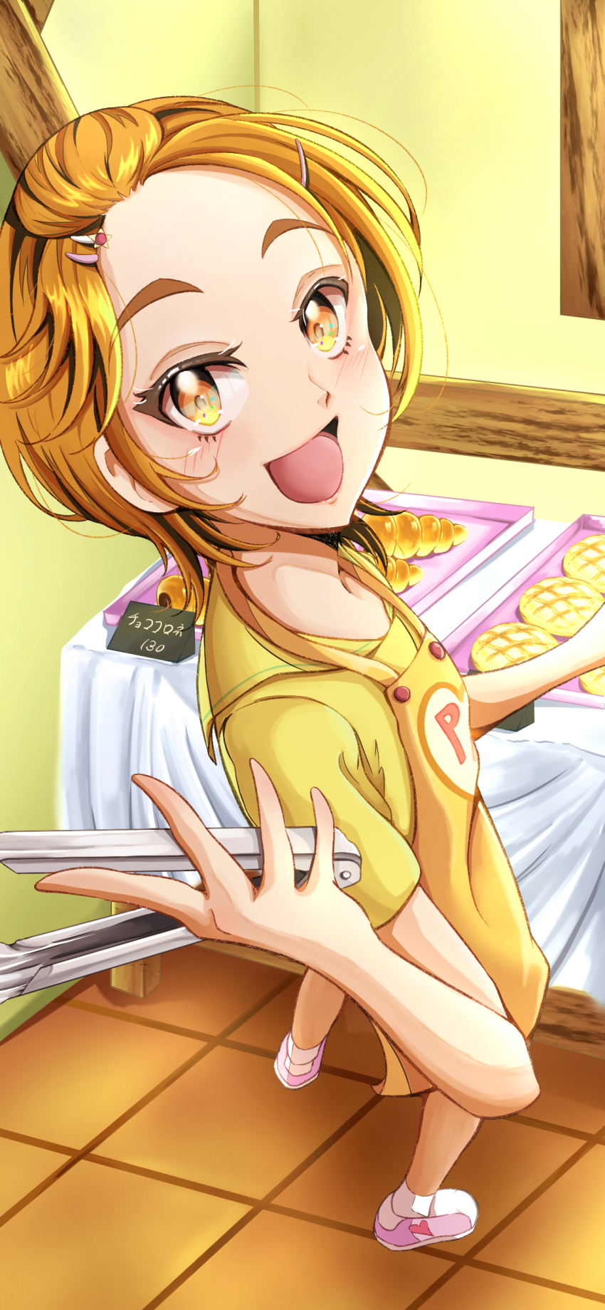 1girl absurdres apron bakery blush bread brown_eyes brown_hair chocolate_cornet food futari_wa_precure_splash_star hair_ornament hairclip haruto_(1214_haruto) highres holding holding_tongs hyuuga_saki melon_bread open_mouth orange_apron pink_shoes precure shirt shoes shop short_hair short_sleeves sign smile socks solo table tongs tray white_socks yellow_shirt