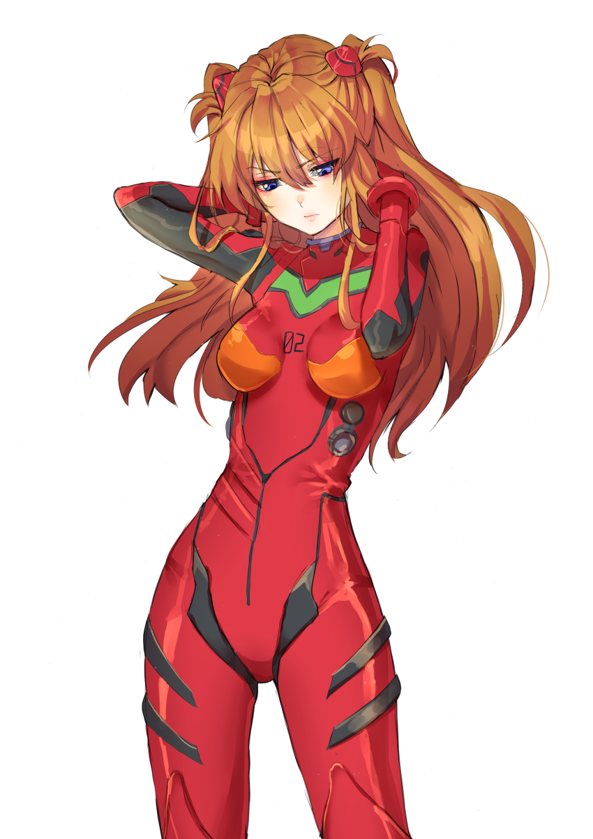 1girl absurdres blue_eyes bodysuit breasts breasts_apart brown_hair cowboy_shot floating_hair hair_between_eyes headgear highres ku-ini long_hair looking_down mecha_pilot_suit medium_breasts neon_genesis_evangelion plugsuit_(evangelion) red_bodysuit simple_background solo souryuu_asuka_langley standing very_long_hair white_background
