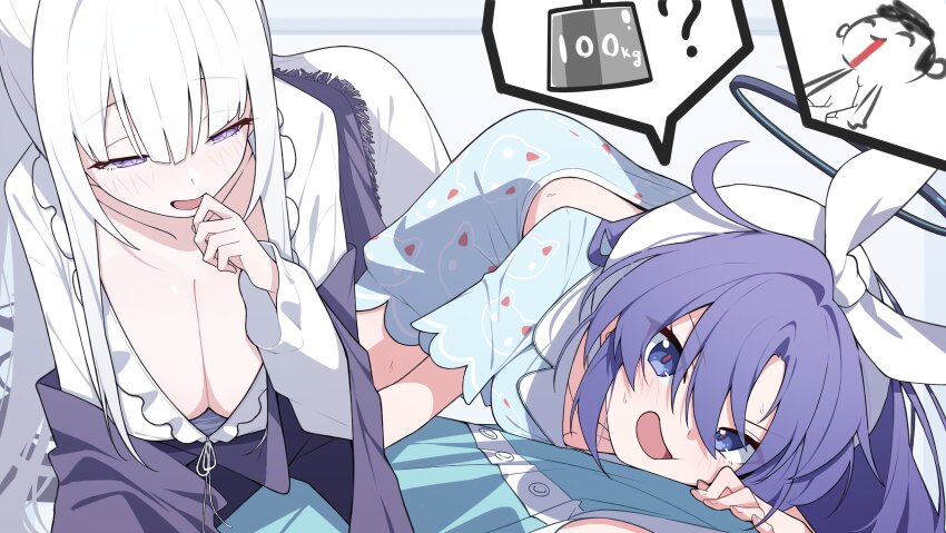 1boy 2girls absurdres aqua_pajamas black_halo blue_archive blue_pajamas doodle_sensei_(blue_archive) hairband halo highres mechanical_halo mmhomm multiple_girls nightgown noa_(blue_archive) noa_(pajamas)_(blue_archive) official_alternate_costume pajamas pov sensei_(blue_archive) sleepwear white_hairband white_nightgown white_pajamas yuuka_(blue_archive) yuuka_(pajamas)_(blue_archive)