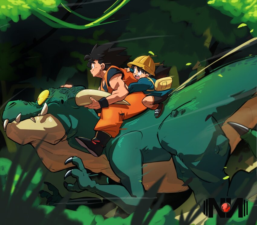 2boys artist_logo comic_panel_redraw derivative_work dinosaur dragon_ball dragonball_z father_and_son forest highres logo male_focus multiple_boys nature novanation riding riding_dinosaur son_gohan son_goku