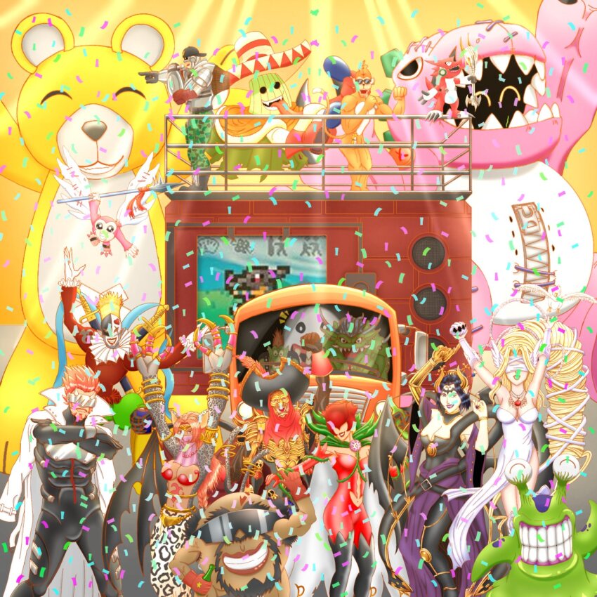 bakemon bastemon carnival coat coat_on_shoulders digimon digimon_(creature) etemon ex-tyranomon gankoomon goburimon greymon highres lance lilithmon looking_at_viewer microphone monzaemon nanimon numemon orgemon picklemon piemon polearm ponchomon rosemon shoutmon smile teeth tunomon venusmon volcamon voltobautamon weapon wings