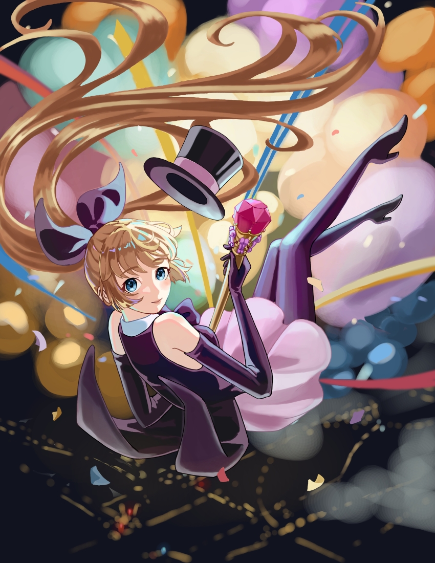 1girl absurdres alternate_costume black_bow black_gloves black_headwear black_pantyhose black_shirt blue_eyes bow brown_hair closed_eyes commentary_request cylinder elbow_gloves gem gloves grey_shirt hair_bow high_heels highres long_hair looking_at_viewer nanami:_pulse_(pgr) nanami_(pgr) pantyhose ponytail punishing:_gray_raven scepter shirt sidelocks sleeveless sleeveless_shirt solo trashpanda_11b very_long_hair