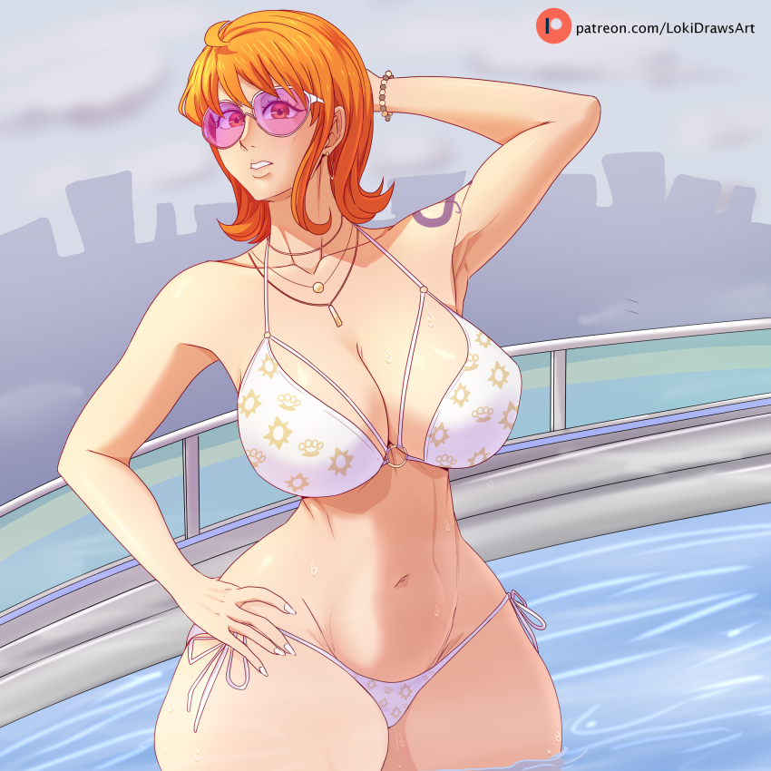 1girl absurdres aircraft alternate_breast_size arm_behind_head bikini blonde_hair bracelet brand_name_imitation breasts commentary contrapposto cosplay cowboy_shot curvy day earrings english_commentary grand_theft_auto grand_theft_auto_vi hand_on_own_hip helicopter highres jewelry large_breasts lokidrawsart looking_at_viewer looking_to_the_side louis_vuitton_(brand) lucia_caminos lucia_caminos_(cosplay) mole mole_above_mouth mole_under_mouth multicolored_hair multiple_moles nami_(one_piece) navel o-ring o-ring_bikini o-ring_top one_piece orange_hair paid_reward_available parted_bangs partially_submerged patreon_logo patreon_username purple-tinted_eyewear shoulder_tattoo side-tie_bikini_bottom sideways_glance solo straddling sunglasses swimsuit tattoo thick_thighs thighs thong thong_bikini tinted_eyewear underboob water watermark web_address wet white_bikini wide_hips