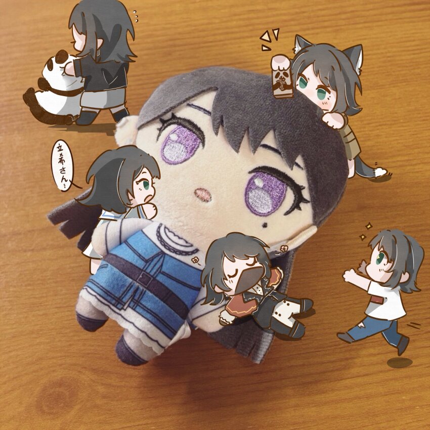 5girls aged_down animal_ears bang_dream! bang_dream!_it&#039;s_mygo!!!!! black_hair black_jacket blue_eyes brown_dress capelet character_doll commentary dog_ears dog_tail dress gogococonut2 grey_skirt hanasakigawa_school_uniform hashtag-only_commentary highres jacket kemonomimi_mode multiple_girls multiple_persona photo_background red_capelet school_uniform serafuku shiina_taki shirt short_hair skirt sleeping sparkle stuffed_animal stuffed_panda stuffed_toy tail timoris_(bang_dream!) translated white_shirt yahata_umiri