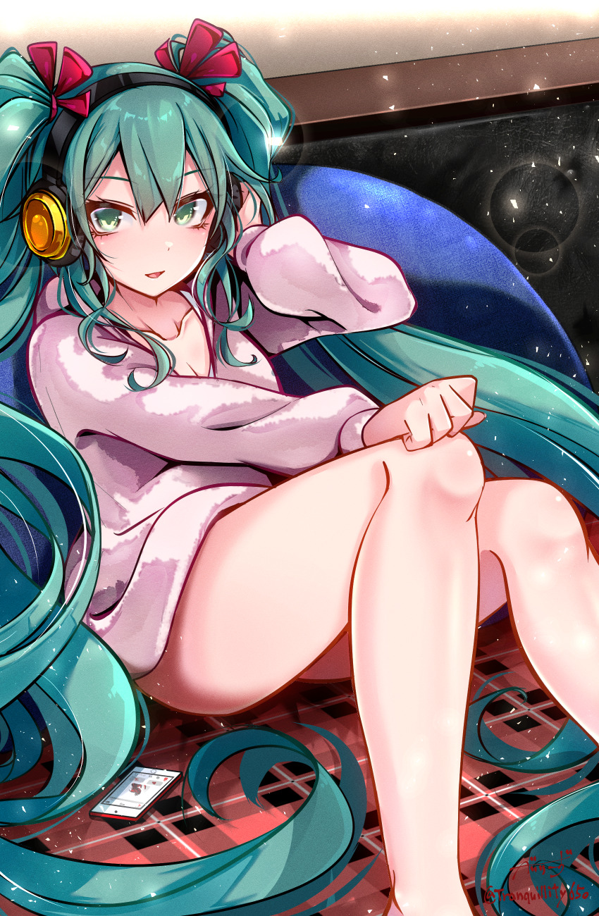 1girl absurdres aqua_hair baileys_(tranquillity650) bare_legs breasts cellphone cleavage collarbone eyelashes feet_out_of_frame green_eyes hair_between_eyes hair_ornament hand_on_headphones hand_on_own_knee hand_up hatsune_miku headphones highres hood hood_down hoodie indoors knees_up legs long_hair long_sleeves looking_at_viewer medium_breasts open_mouth phone pink_hoodie plaid sitting smartphone smile solo twintails twitter_username very_long_hair vocaloid