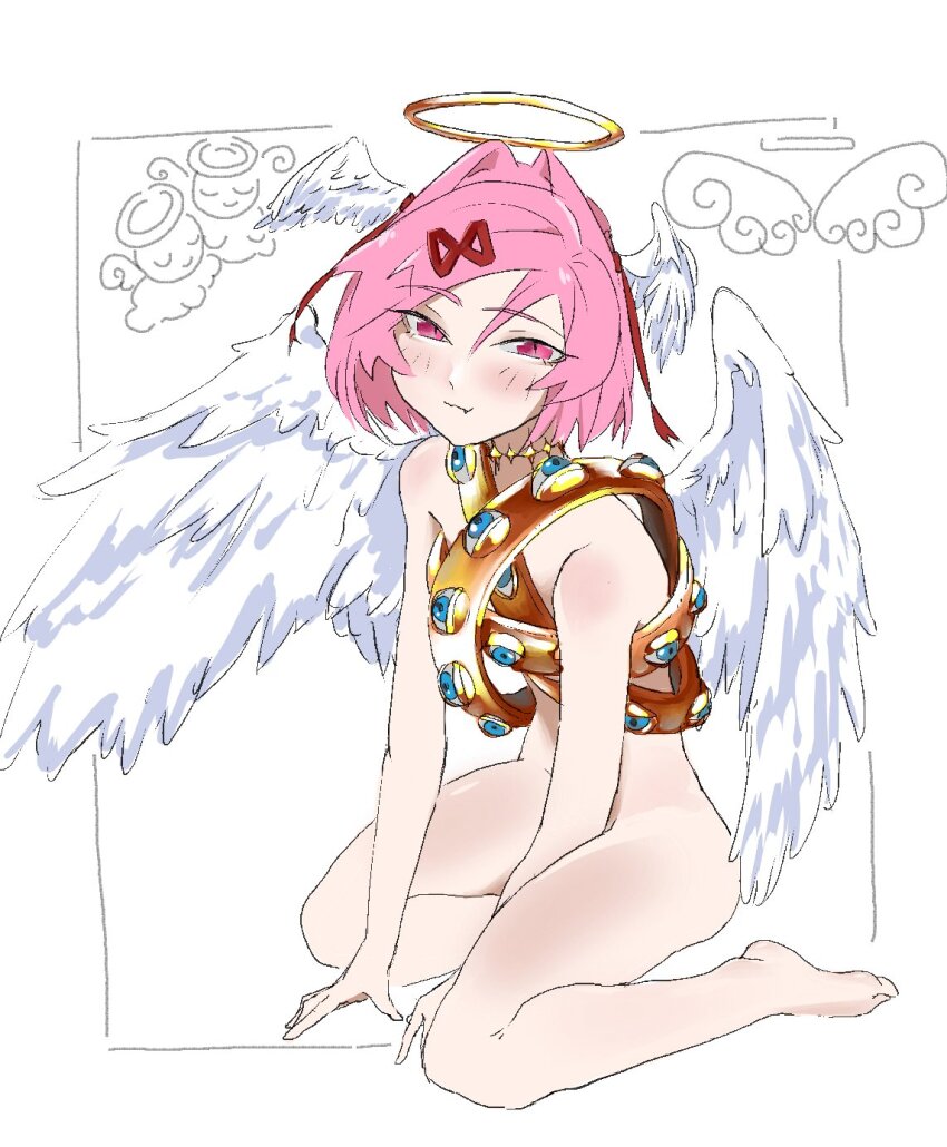 1girl :3 angel angel_wings barefoot belt between_legs biblically_accurate_angel blue_eyes blush bob_cut border closed_mouth commentary doki_doki_literature_club elbow_blush english_commentary exspiravitbag extra_eyes fang feathered_wings full_body gold_necklace hair_intakes hair_ribbon halo hand_between_legs hands_on_ground head_wings highres jewelry light_smile multiple_belts multiple_wings narrowed_eyes natsuki_(doki_doki_literature_club) naughty_face necklace nude on_ground outside_border pink_eyes pink_hair pink_lips red_ribbon ribbon short_hair simple_background sitting slit_pupils smile solo sparkle swept_bangs two_side_up white_background white_wings wings yokozuwari