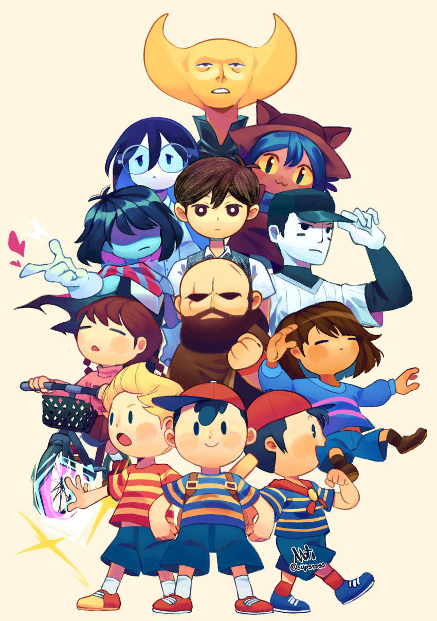 2girls 3others 6+boys :3 =_= absurdres androgynous animal_ears animal_hat armor bald baseball_bat baseball_cap baseball_uniform beard bicycle black_eyes black_hair black_vest blonde_hair blue_footwear blue_hair blue_scarf blue_shorts blue_skin brad_armstrong braid bright_pupils brown_hair brown_poncho cat_ears cat_hat closed_eyes closed_mouth collared_shirt colored_inner_hair colored_sclera colored_skin crossover deltarune escaped_chasm facial_hair frisk_(undertale) glasses gloves hair_behind_ear hair_over_eyes hat highres holding hylics kris_(dark_world)_(deltarune) kris_(deltarune) lisa_(series) lisa_the_painful lonely_girl_(escaped_chasm) long_beard long_hair long_sleeves looking_at_viewer lucas_(mother_3) madotsuki mother_(series) mother_1 mother_2 mother_3 multicolored_hair multiple_boys multiple_crossover multiple_girls multiple_others ness_(mother_2) niko_(oneshot) ninten nintendo off_(game) omori oneshot_(game) open_mouth pink_sweater quiff red_footwear revision riding riding_bicycle round_eyewear scar scar_across_eye scar_on_face scarf shirt short_hair short_sleeves shorts simple_background slit_pupils smile sportswear striped_clothes striped_scarf striped_shirt striped_sweater sunny_(omori) supsross sweater sweater_vest the_batter_(off) trait_connection twin_braids twintails undertale vertical-striped_clothes vertical-striped_scarf vertical-striped_shirt vest wayne_(hylics) white_pupils white_shirt white_skin yellow_background yellow_eyes yellow_sclera yellow_skin yume_nikki