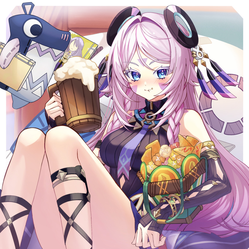 1girl :t ahoge alcohol bare_shoulders beer beer_mug blue_eyes blue_necktie blush book braid breasts chips_(food) citlali_(genshin_impact) closed_mouth colored_eyelashes cup detached_sleeves eating facial_mark food food_on_face genshin_impact hair_ornament highres holding holding_cup knees_up long_hair long_sleeves looking_at_viewer medium_breasts mug mutumumu necktie pink_hair popcorn purple_hair sitting skirt sleeveless snack solo very_long_hair